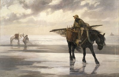 Garnalenkotters bij Nieuwpoort, c.1883 (olieverf op doek) door Jean Delvin