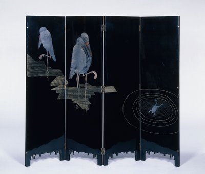 Drie ooievaars en een kikker in een vijver, c.1930 door Jean Dunand