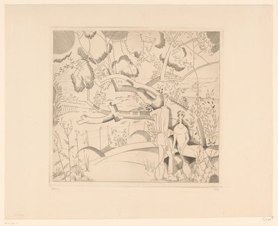 Rustende tennisspelers bij perenboom door Jean Emile Laboureur (signed by artist)