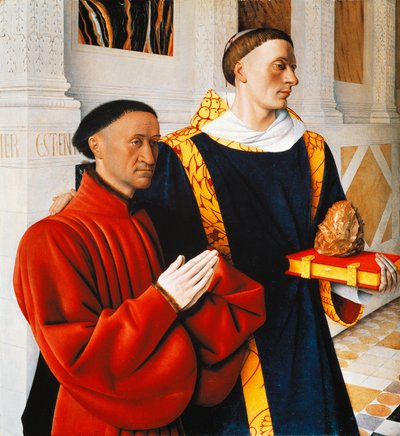 Linker paneel van het Melun-diptiek: Etienne Chevalier met zijn beschermheilige St. Stefanus door Jean Fouquet