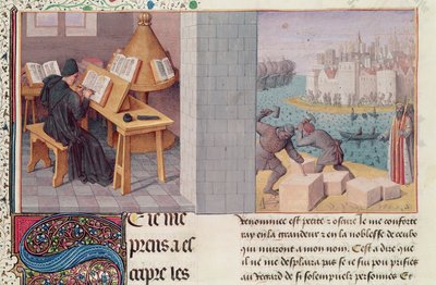 Ms.fr.273 fol.7 Livius (59 v.Chr.-17 n.Chr.) Schrijven en de stichting van Rome, uit 