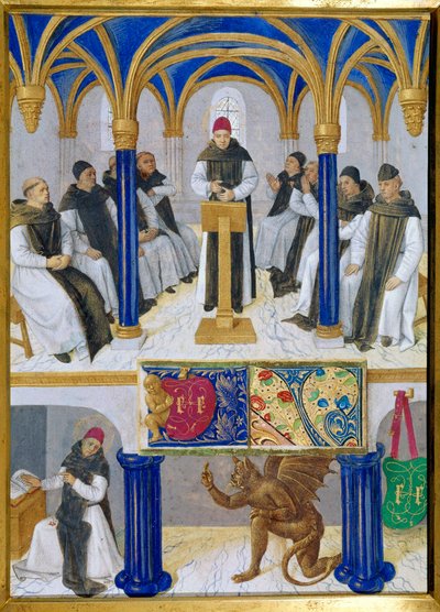 Voorstelling van Sint Bernardus van Clairvaux (San Bernardo di Chiaravalle) (1090-1153) leraar en verleid door de duivel Miniatuur uit 