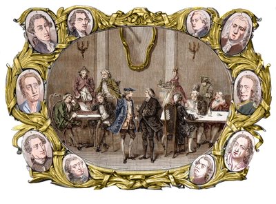 Parijs - Het café Procope in de 18e eeuw, van rechts naar links in de medaillons: Georges Louis Leclerc, Comte de Buffon, Nicolas Joseph Florent Gilbert, Denis Diderot, Jean le Rond d