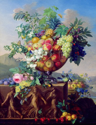 Schaal met bloemen en fruit door Jean Francois Bony