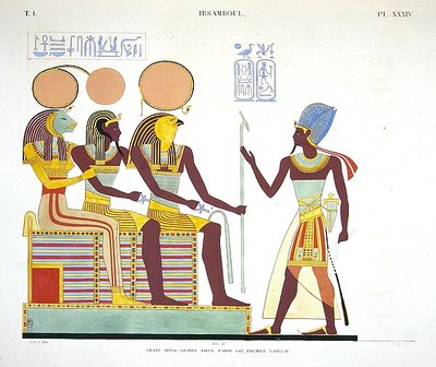 Fresco uit Ibsambul met Ramesses II tegenover (l naar r) Sekhmet, mogelijk een vergoddelijking van Ramesses II en Re-horakhty door Jean Francois Champollion