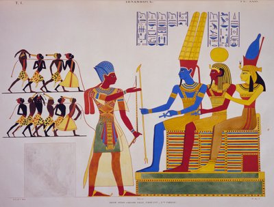 Ramesses II voor Triade, fresco van de oostmuur van de grote hal van Abu Simbel, uit Monumenten van Egypte en Nubië door Jean Francois Champollion