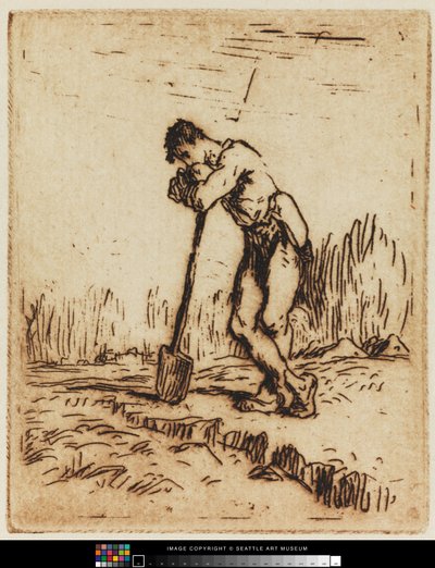 Man leunend op zijn spade door Jean Francois I Millet