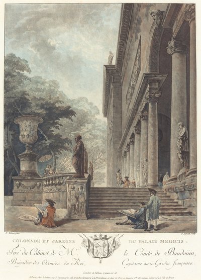 Colonade en tuinen van het Medici-paleis, ca. 1776 door Jean Francois Janinet