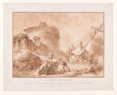 Landschap met ruïnes en een schip in de omgeving van Genua door Jean Francois Janinet