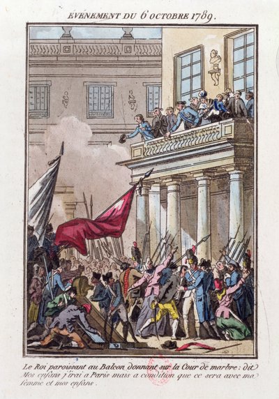 Lodewijk XVI verschijnt op het balkon in Versailles op 6 oktober 1789 om de Parijse menigte te vertellen dat hij naar Parijs zal gaan op voorwaarde dat zijn vrouw en familie met hem reizen door Jean Francois Janinet