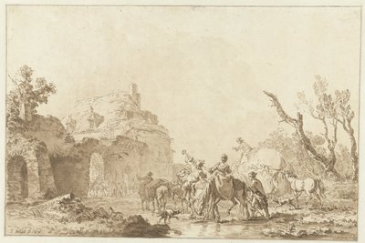 Reizigers bij een poort door Jean Francois Janinet