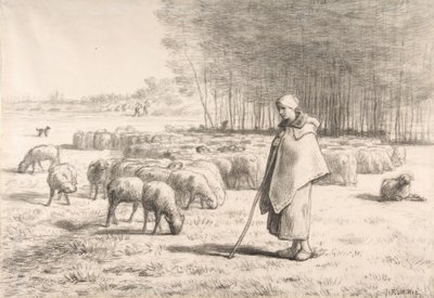 Een herderin met haar kudde door Jean Francois Millet
