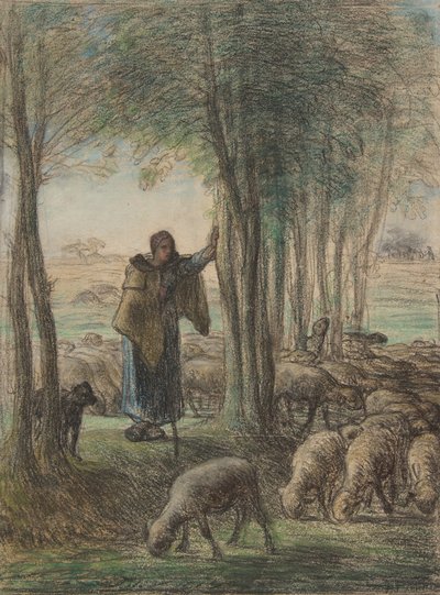 Een herderin en haar kudde in de schaduw van bomen, 1854-55 door Jean Francois Millet