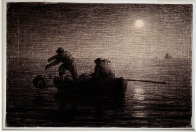 Kreeftvissers die hun kleien gooien, nacht effect door Jean Francois Millet