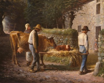 Boeren brengen een in het veld geboren kalf naar huis door Jean Francois Millet