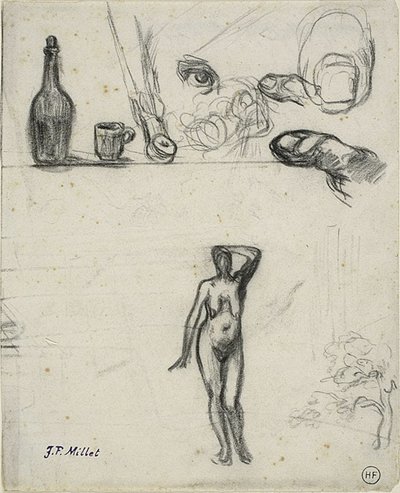 Blad met Schetsen: Staande Vrouwelijke Naakt, Boom, Stilleven, Vingers en Oog door Jean Francois Millet