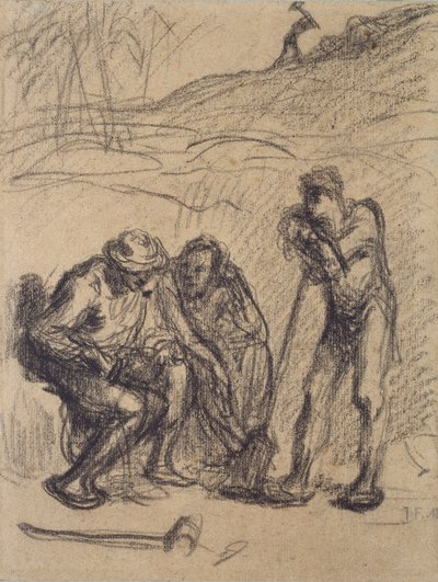Drie boeren rustend, een leunend op een spade, c1850-1851 door Jean Francois Millet