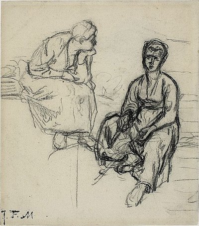 Twee Studies van een Zittende Boerin (recto); Studie van een Jong Meisje met een Hoed (verso) door Jean Francois Millet