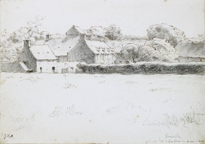 Uitzicht op boerderijgebouwen over een veld, 1871 door Jean Francois Millet