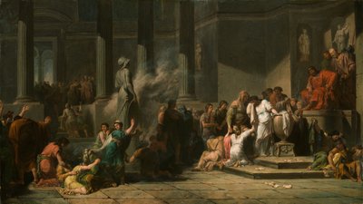 Atheense meisjes trekken loten om te bepalen welke zeven van hen naar Kreta worden gestuurd voor het offer aan de Minotaurus door Jean François Pierre Peyron