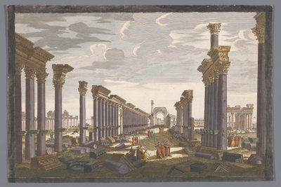 Gezicht op de ruïne van de boog van de zuilengalerij te Palmyra, gezien vanaf de westzijde door Jean François Daumont