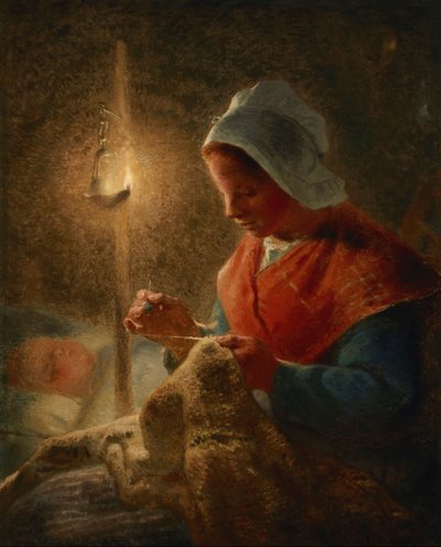 Frans: Femme coud à la lumière de la lampe Vrouw naait bij lamplicht door Jean Francois Millet