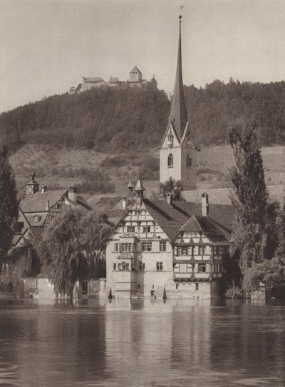 Stein aan de Rijn, het klooster kijkend naar kasteel Hohenklingen door Jean Gaberell
