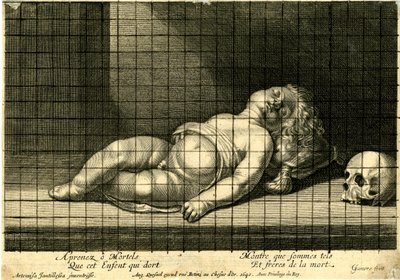 Jean Ganière - Kind slaapt met zijn hoofd rustend op een kussen; schedel rechts. 1640 door Jean Ganière