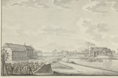 Aanval van de Pruisen onder Kolonel Van Borstel op de Duivendrechtse brug, 1 oktober 1787 door Jean George Teissier (signed by artist)