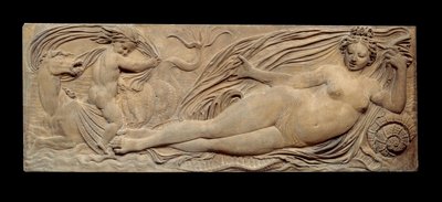 Nimf en kleine genie rijden op een zeehengst; Nimf en Triton omringd door twee kleine genieën. Laag reliëf. Steenbeeldhouwwerk door Jean Goujon (1510-1567) door Jean Goujon
