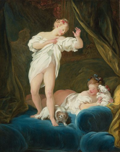 Twee meisjes op een bed spelen met hun honden door Jean Honore Fragonard