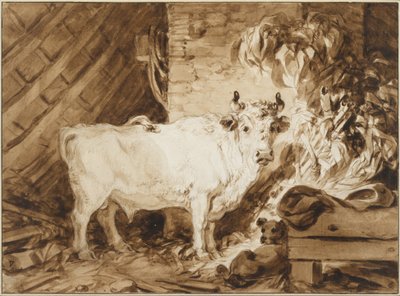 Witte stier en hond in een stal door Jean Honore Fragonard