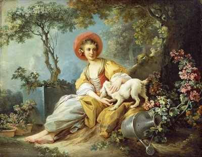 Een jonge vrouw zittend met een hond en een gieter in een tuin door Jean Honore Fragonard
