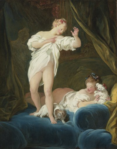 Twee meisjes op een bed die met hun honden spelen door Jean Honore Fragonard