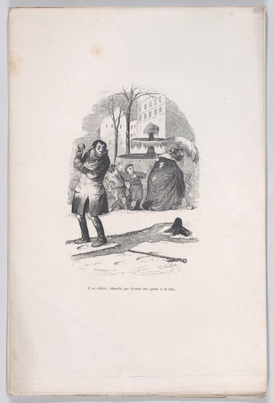 Hij staat op, bedekt van top tot teen met sneeuw. uit de Kleine ellende van het menselijk leven, 1843 door Jean Ignace Isidore Gérard