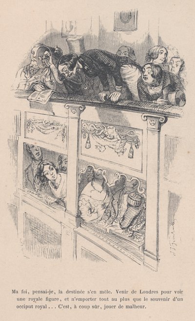 Ik was naar Londen gekomen om een koninklijke te zien, maar ik zag alleen de achterkant van iemands hoofd, 1843 door Jean Ignace Isidore Gérard