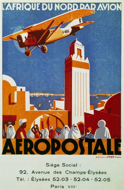 Aeropostale (luchtpost), luchtverbindingen met Noord-Afrika, reclamebord, Frankrijk door Jean Jacquelin