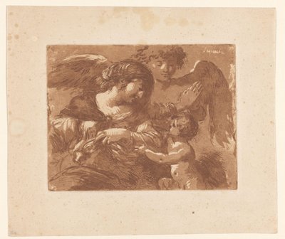 Moeder met kind en een beschermengel door Jean Jacques II Lagrenee