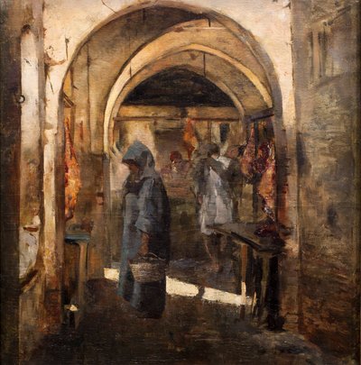 De slagerij, 2de helft 19de eeuw. (Olieverf op doek) door Jean Joseph Benjamin Constant
