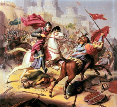 Eerste kruistocht: Robert II hertog van Normandië vecht tegen een moslimsoldaat tijdens het beleg van Antiochië in 1098 door Jean Joseph Dassy