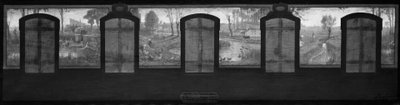Schets voor het stadhuis van Fresnes: De oevers van de Bièvre. Fresnes. Aan de oevers van de Bièvre. De wasvrouwen. Bloemzevers. De pachtboerderijen. De bietenoogst door Jean Joseph Enders