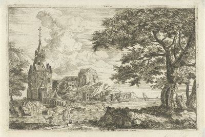 Vissers bij een kerk aan een kust door Jean Joseph Hanson