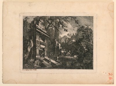 Architectonische Fantasie met Graf en Ruïnes, Plaat uit "Rovine Inventione de Giovan. Loren, Legeay Architet. Intagliate da lui stesso in Luce 1768" door Jean Laurent Legeay