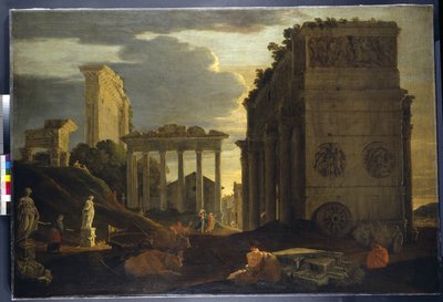 Capriccio uitzicht met figuren bij een triomfboog en de Tempels van Saturnus en Jupiter Tonans door Jean Lemaire