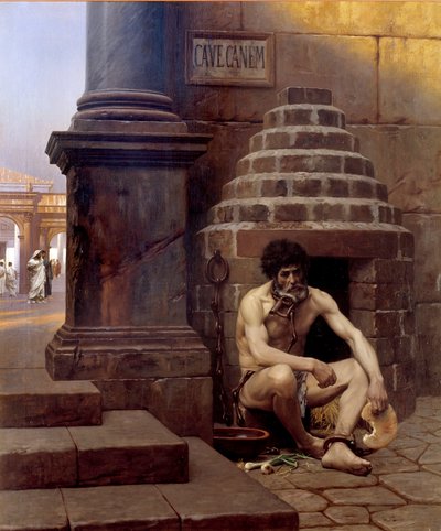 Cave canem Gevangene van oorlog in Rome, geketend als een hond op de hoek van een straat 