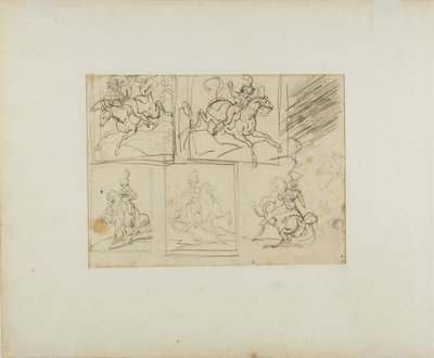 Vier schetsen van een bereden trompetter en een Poolse lansier door Jean Louis André Théodore Géricault