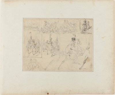 Blad met schetsen: Cavalerie veldslagen en bereden soldaten door Jean Louis André Théodore Géricault