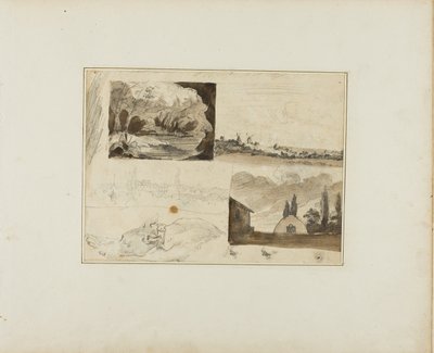 Blad met schetsen: Vier landschappen en een hazewindhond door Jean Louis André Théodore Géricault