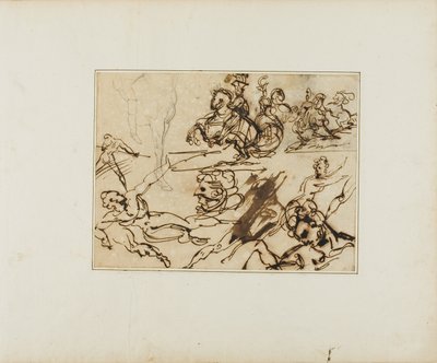 Blad met schetsen: Lansiers, Spartelende naakten, Andere onderwerpen door Jean Louis André Théodore Géricault