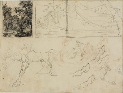 Blad met schetsen: drie landschappen, paarden en hoeven door Jean Louis André Théodore Géricault
